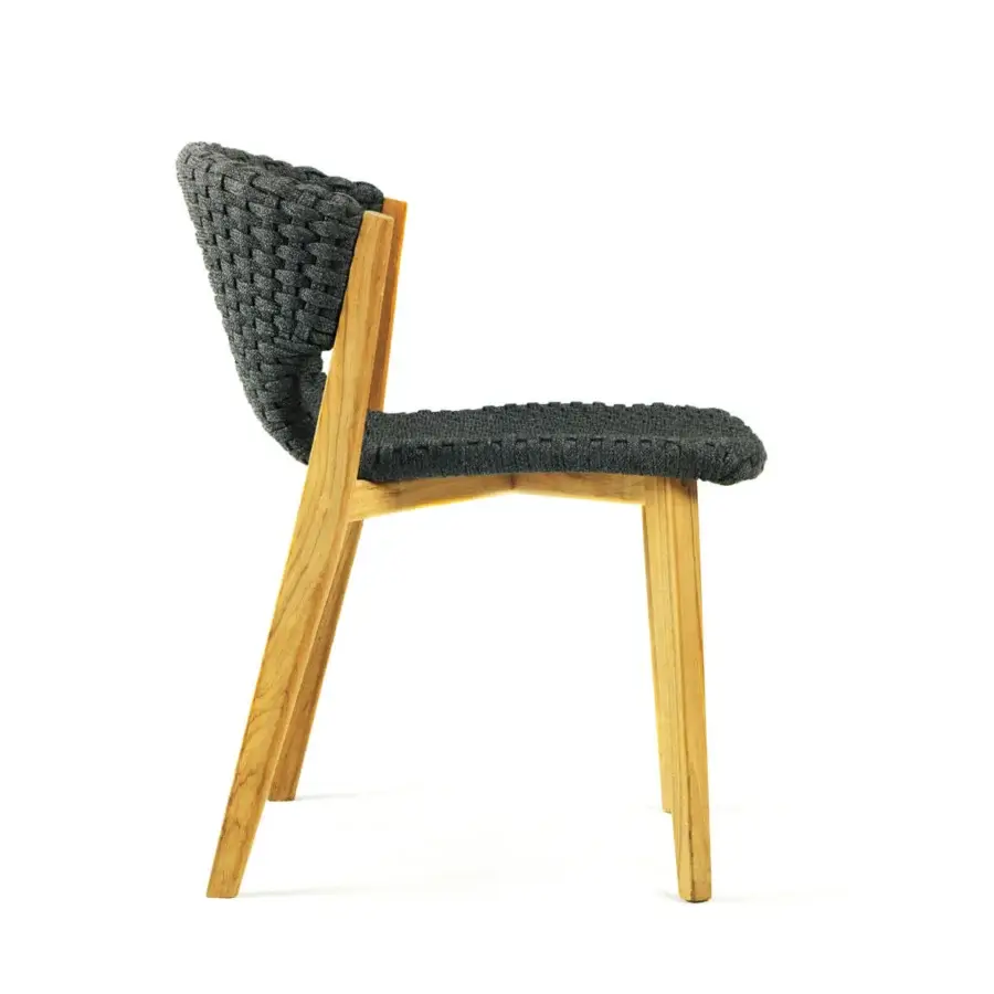 Distinguished Ethimo Knit chair with FSC-certified teak and dark charcoal gray high-density woven rope construction