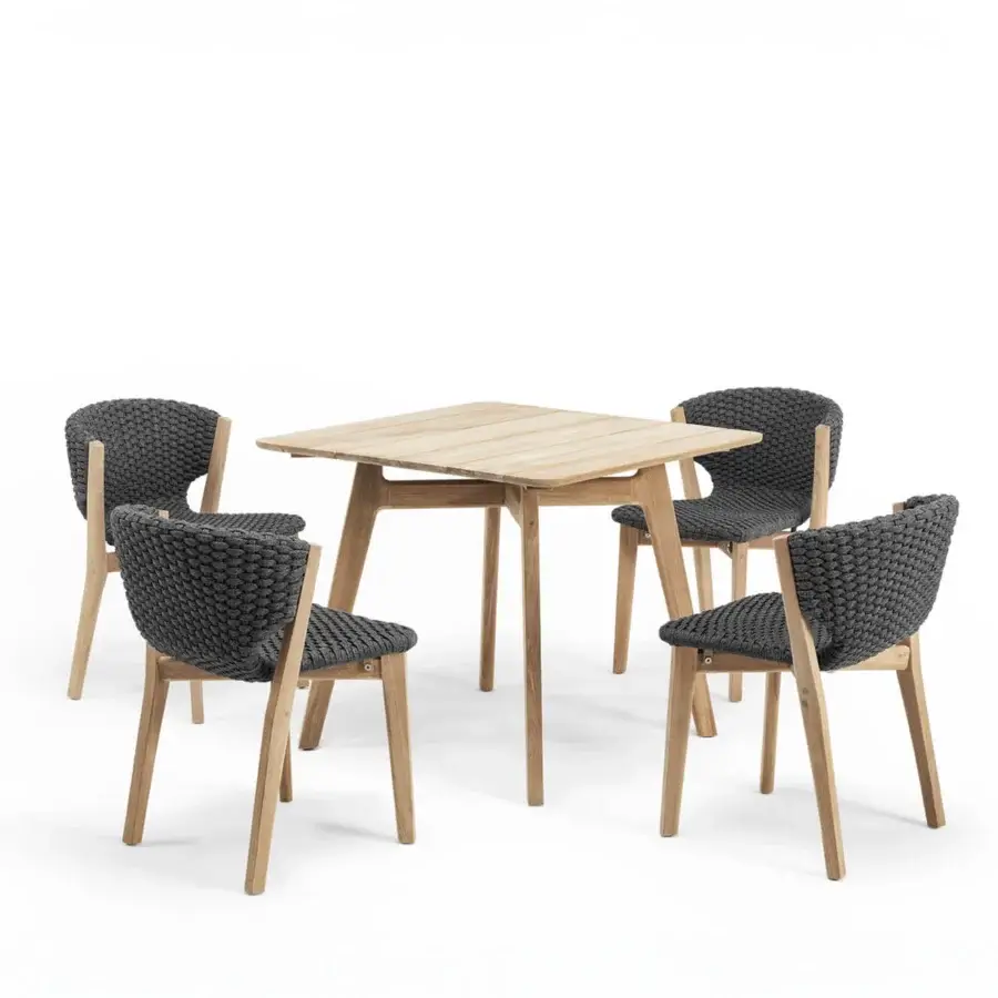 Superior Ethimo Knit chair crafted with FSC-certified teak and dark gray high-density woven rope for a contemporary aesthetic