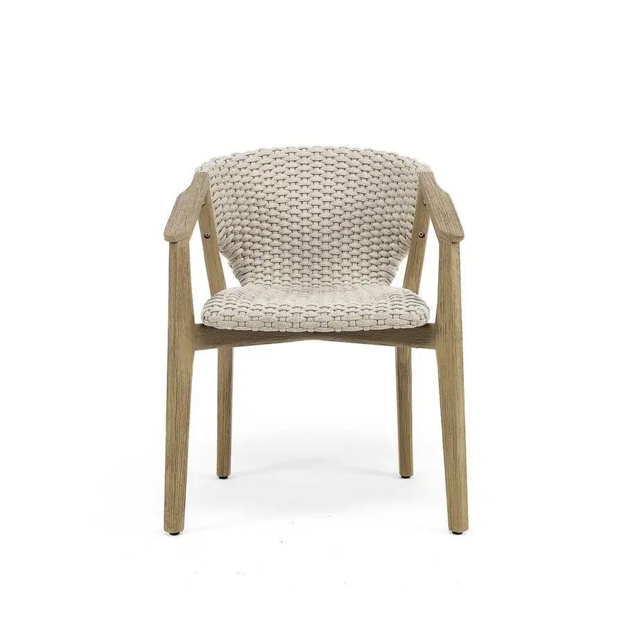 Elegant Ethimo Knit armchair with a hand-finished FSC-certified teak frame and creamy off-white woven rope backrest