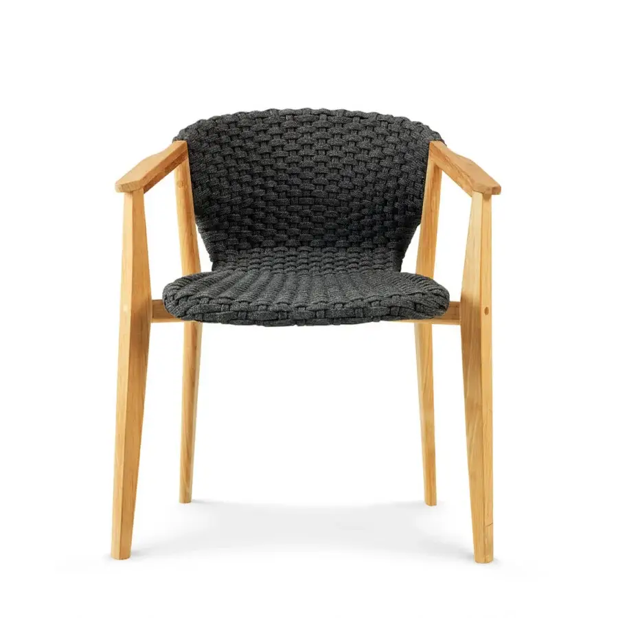 Distinguished Ethimo Knit armchair with a gently curved form and dark gray woven knit backrest crafted in FSC-certified teak