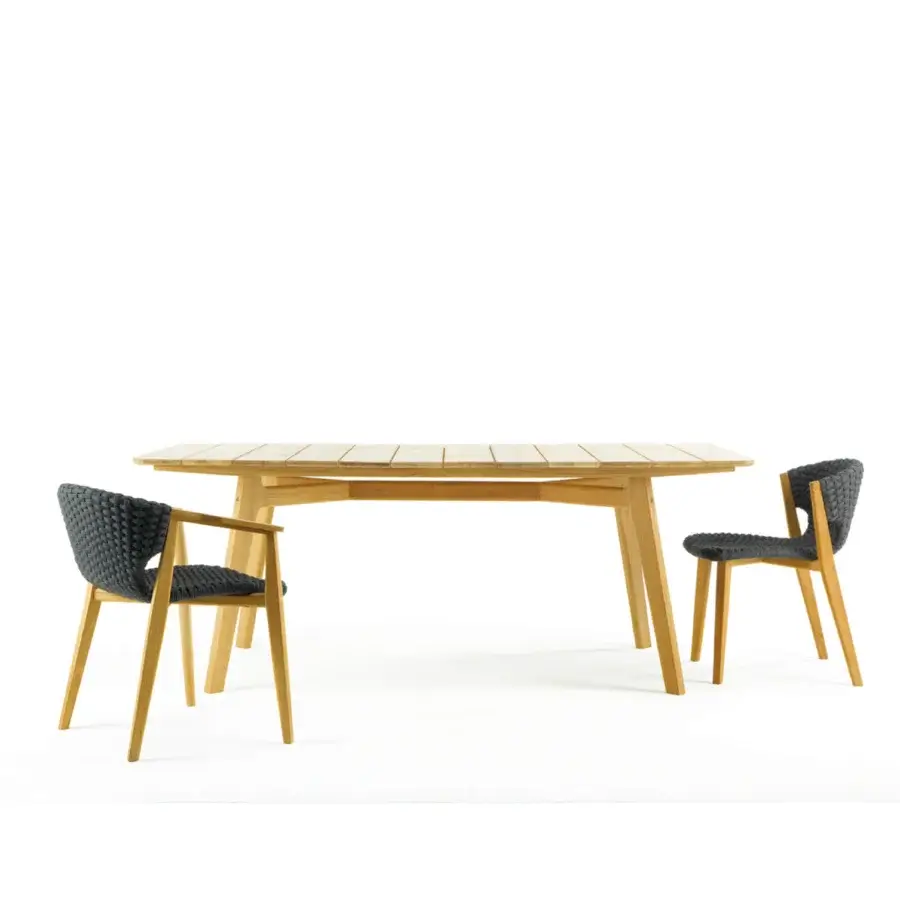 Exceptional Ethimo Knit armchair with a wrap-around dark gray woven rope backrest and sinuous hand-finished teak frame