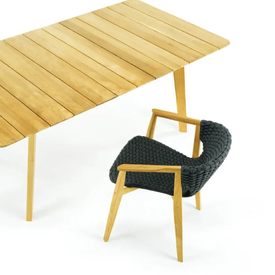 Superior Ethimo Knit armchair with sinuous hand-finished teak frame and dark charcoal woven rope backrest