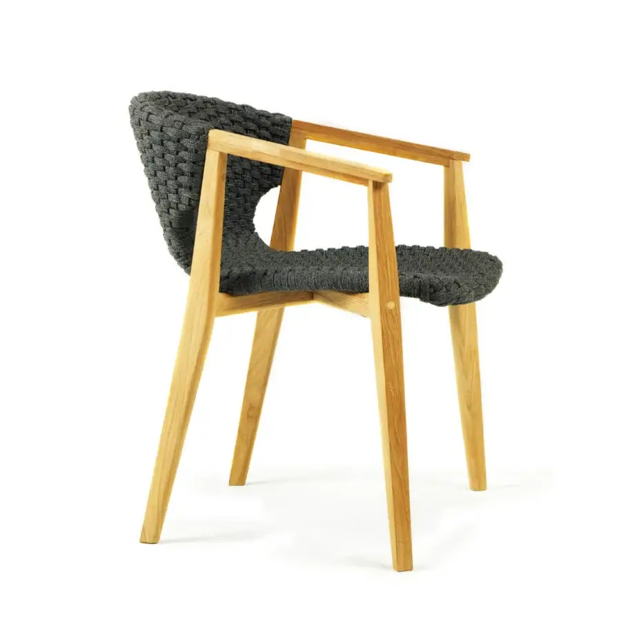 Distinguished Ethimo Knit armchair with dark gray woven rope backrest and hand-finished FSC-certified teak frame