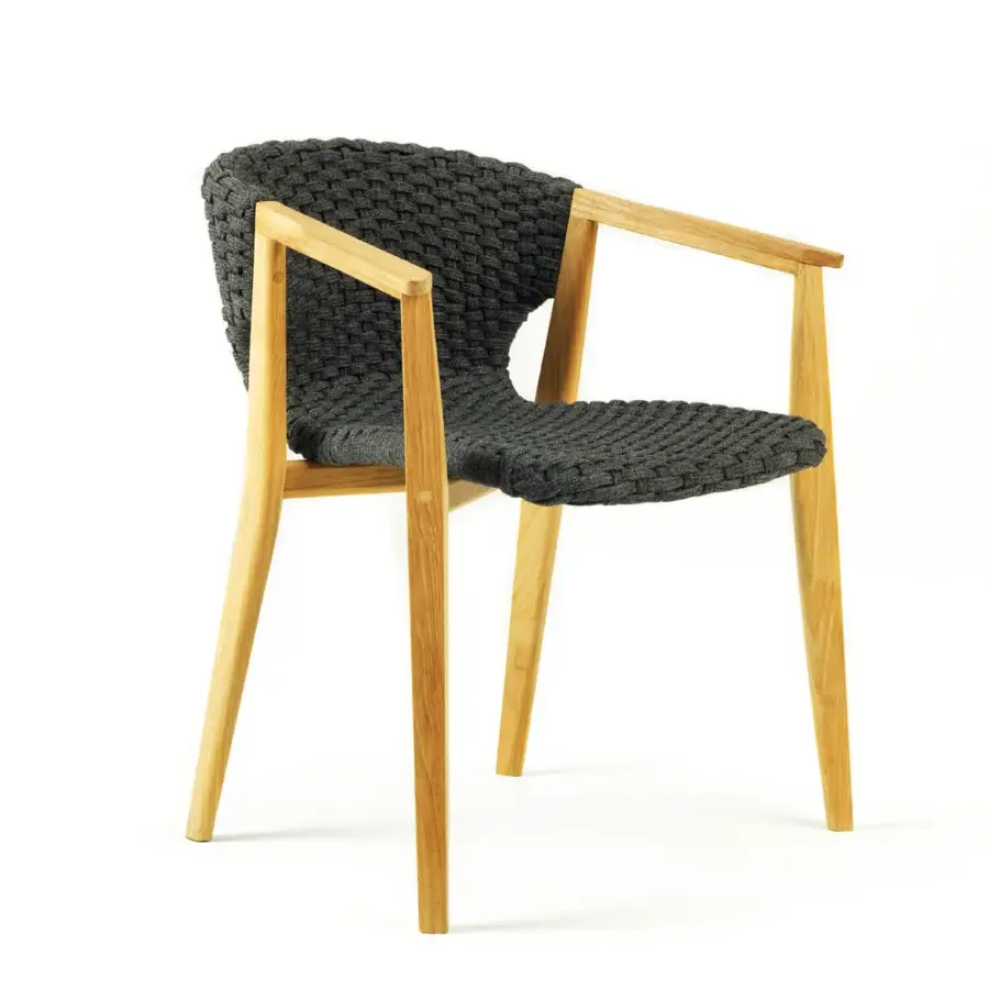 Exceptional Ethimo Knit armchair with dark gray woven rope and a hand-finished FSC-certified teak frame