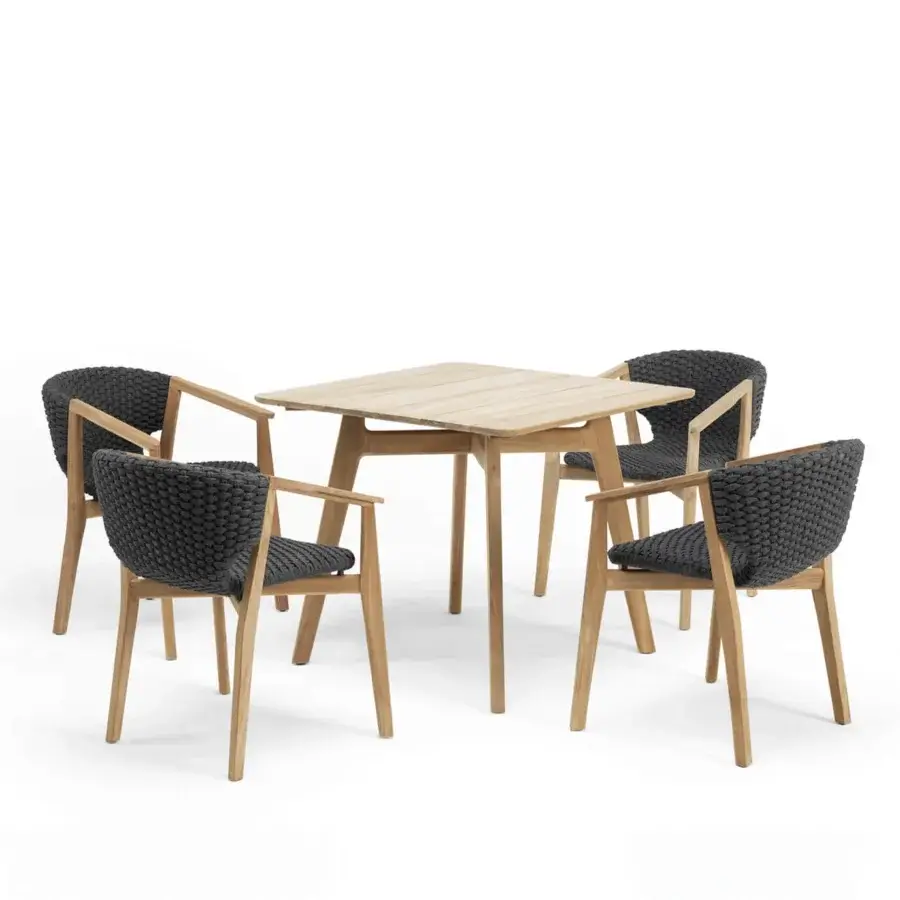 Superior Ethimo Knit armchair with charcoal gray woven rope and a sinuous hand-finished teak frame