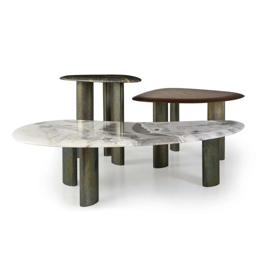Exceptional Borzalino Egeo coffee table with light marble tabletop and subtly iridescent dark-finished legs crafted in Italy