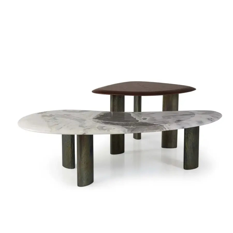 Distinguished Borzalino Egeo coffee table with uniquely shaped marble and satin wood tabletops supported by muted green-grey metal legs