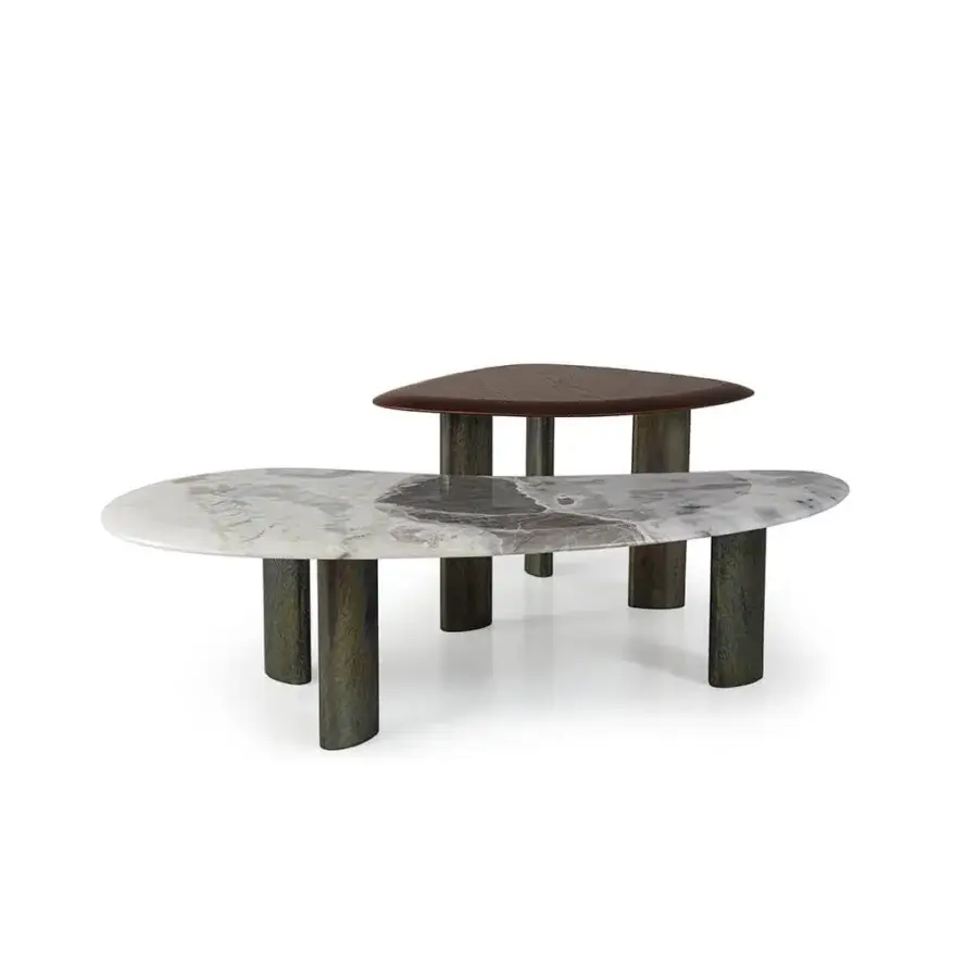 Lavish Borzalino Egeo coffee table with grey and white veined marble plus satin-finish dark wood accents built with textured metal legs