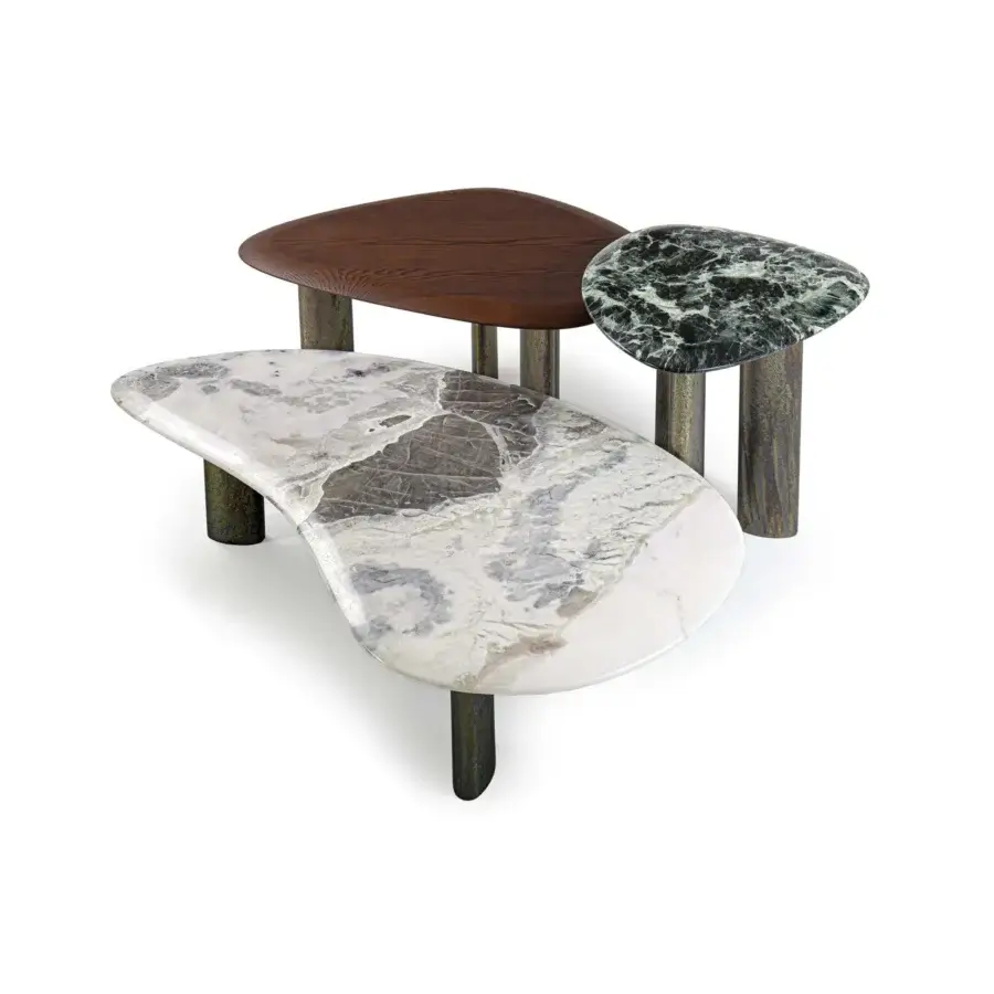 Superior Borzalino Egeo coffee table with white and grey marbled surface plus weathered cylindrical metal base