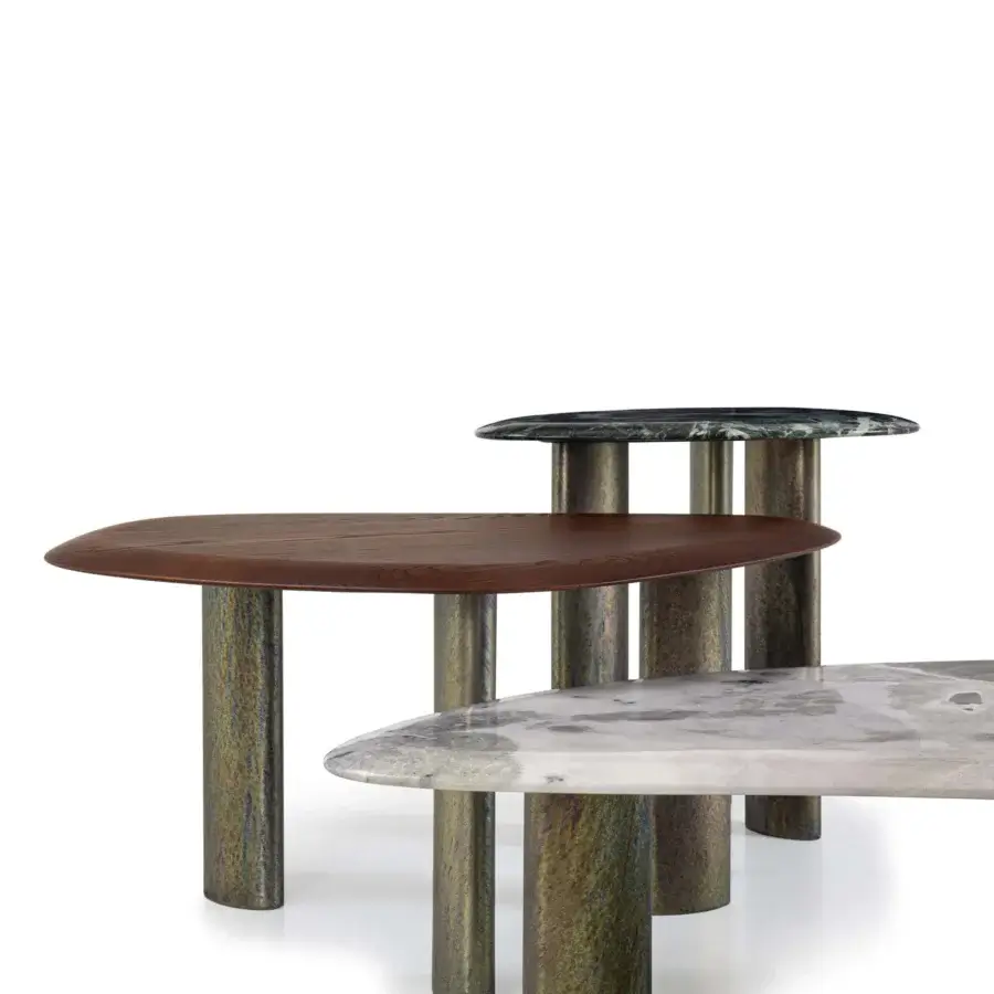 Distinguished Borzalino Egeo coffee table with organically shaped medium-brown wood and iridescent green-blue metallic base in satin finish