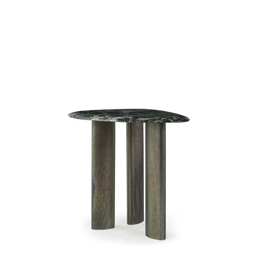 Exceptional Borzalino Egeo coffee table with dark green marble top and textured grey-brown wooden legs crafted in Italy