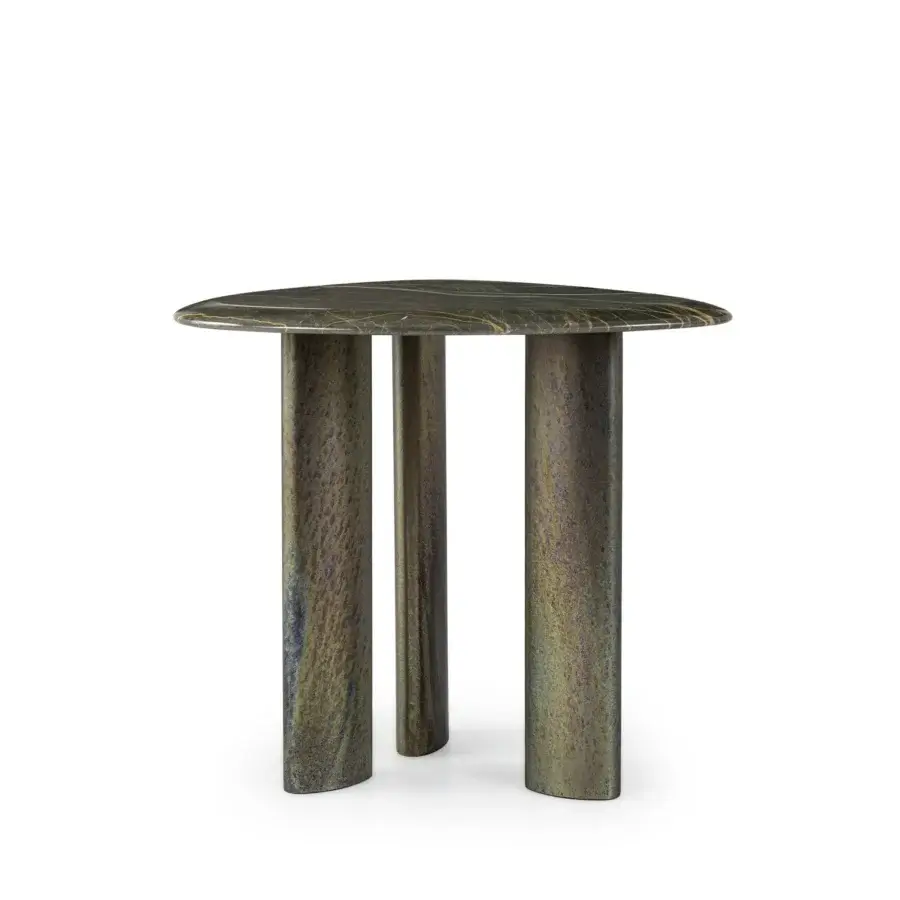 Superior Borzalino Egeo coffee table with dark green marble top and uniquely textured stone legs crafted with a polished finish