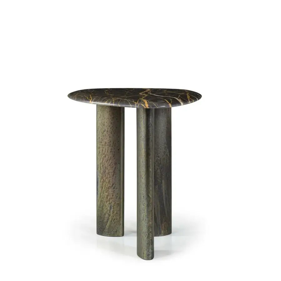Distinguished Borzalino Egeo coffee table crafted with polished marble exhibiting golden veining and subtly textured cylindrical supports