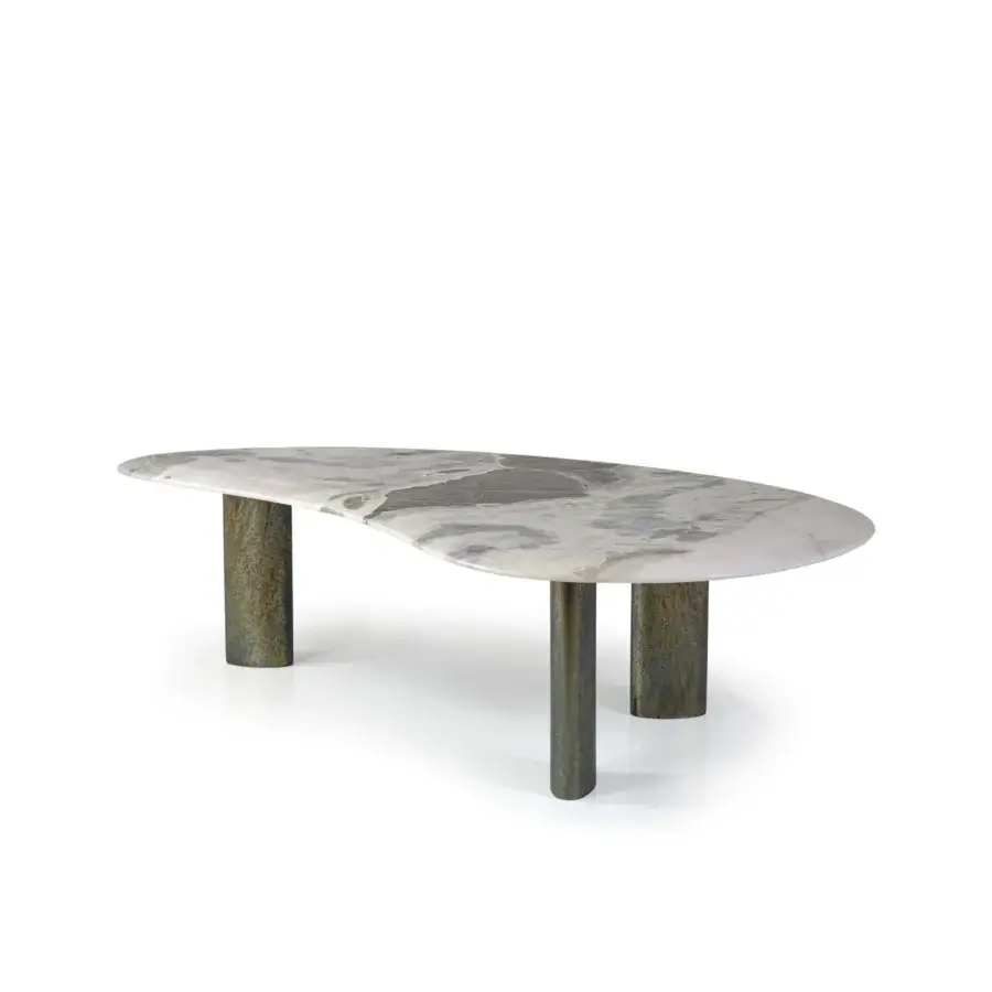 Exceptional Borzalino Egeo coffee table with light grey-white marble top and muted green-grey legs exhibiting softly convex edges
