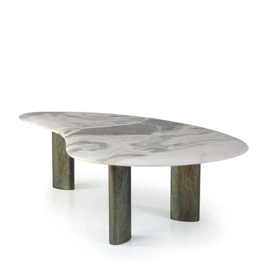 Harmonious Borzalino Egeo coffee table with organically shaped grey and white veined marble top and subtly textured dark wooden legs