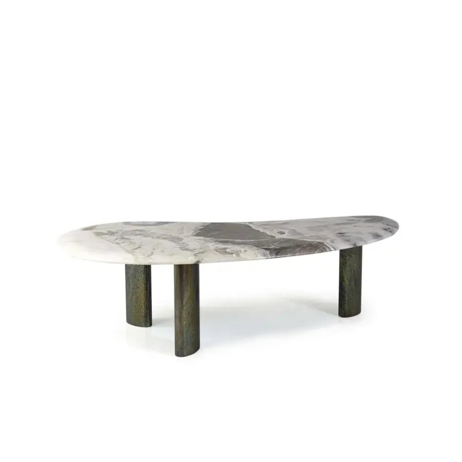 Superior Borzalino Egeo coffee table with uniquely shaped grey and white veined marble resting on dark cylindrical legs