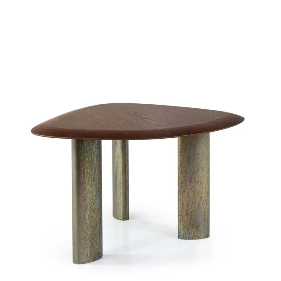 Exceptional Borzalino Egeo coffee table with dark brown wood and mottled green, gray, gold finished cylindrical legs crafted in Italy