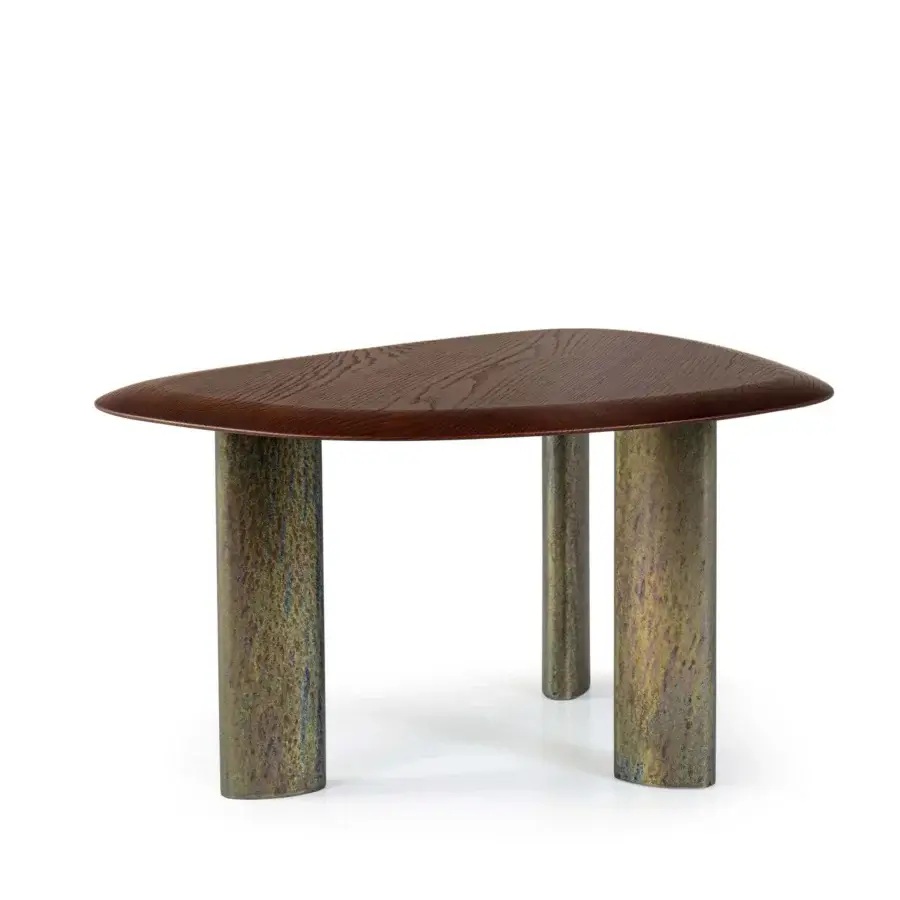 Exceptional Borzalino Egeo coffee table with a medium-dark brown wood grain tabletop and mottled green, gold, bronze metal legs in satin finish
