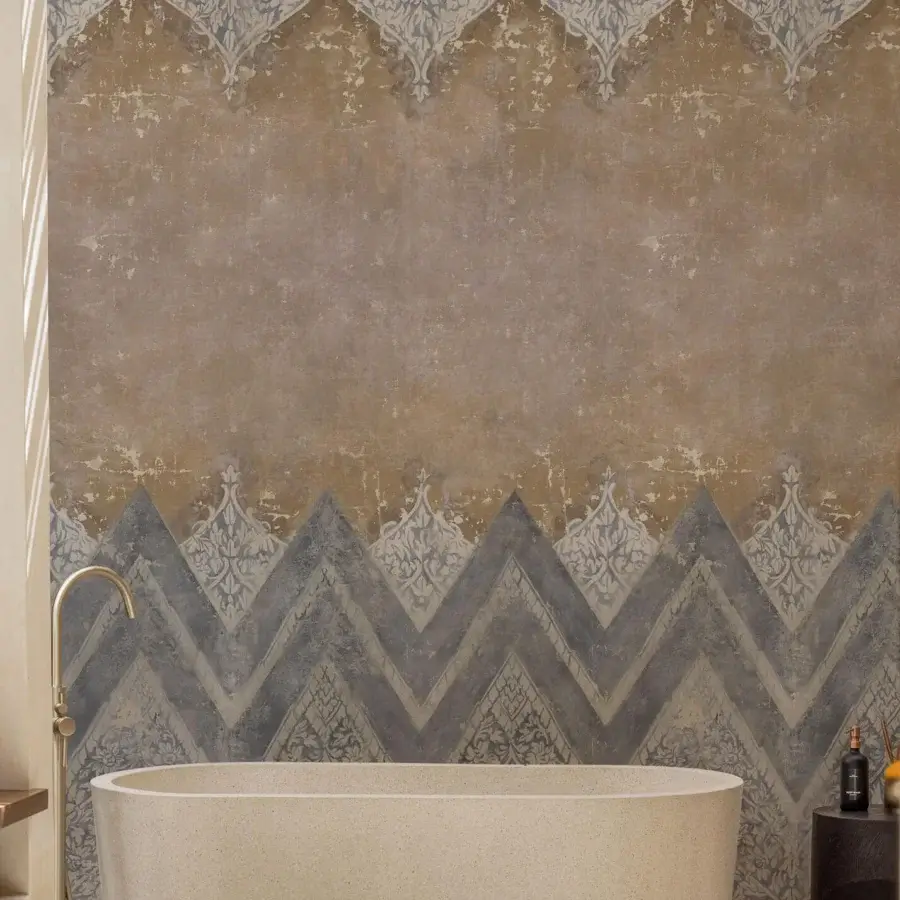 Distinguished Wall&Decò Sherazane wallpaper with muted blues, beiges, and browns in a large-scale pattern inspired by Middle Eastern designs