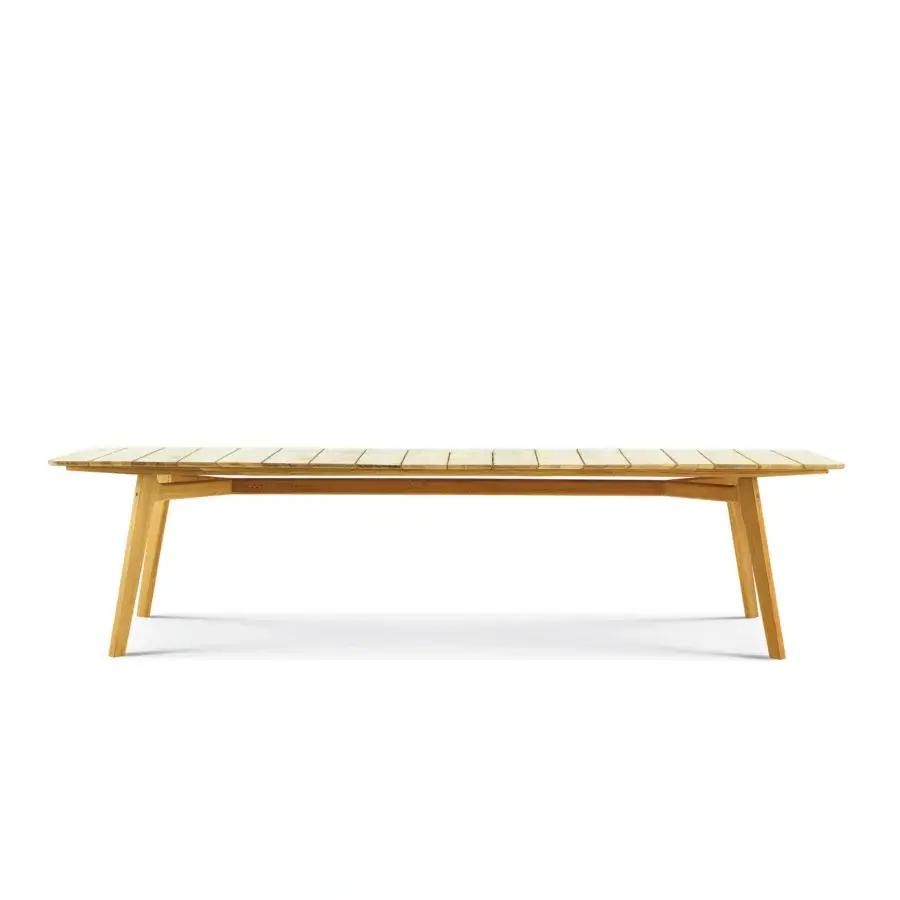 Exceptional Ethimo Knit table crafted in warm teak with a textured slat tabletop and smooth satin finish