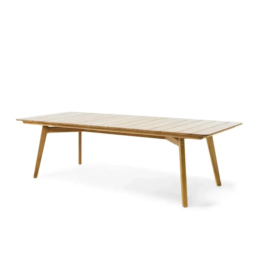 Elegant Ethimo Knit table crafted in warm beige-brown teak with a slatted tabletop and subtly angled legs