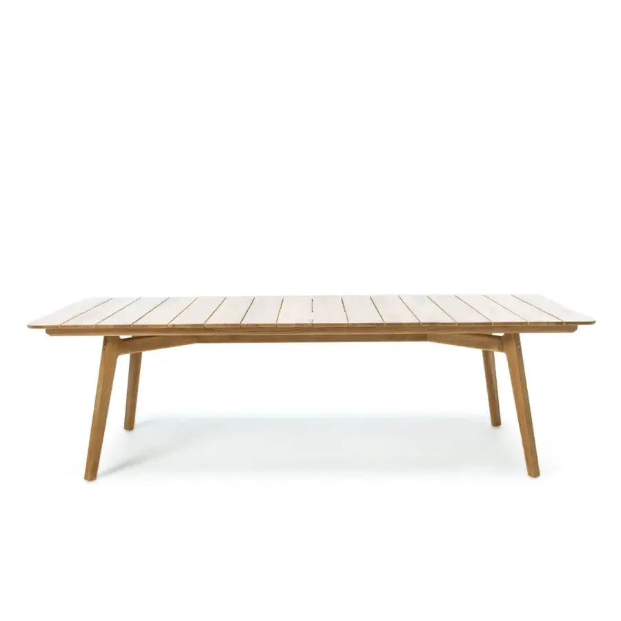 Distinguished Ethimo Knit table crafted in light brown teak with parallel wooden slats and a satin finish