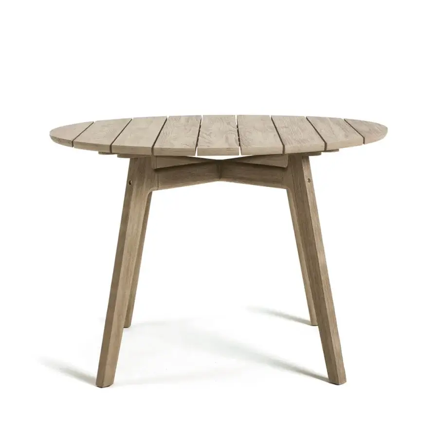 Exceptional Ethimo Knit table crafted in light gray-brown teak with a matte finish and rounded silhouette
