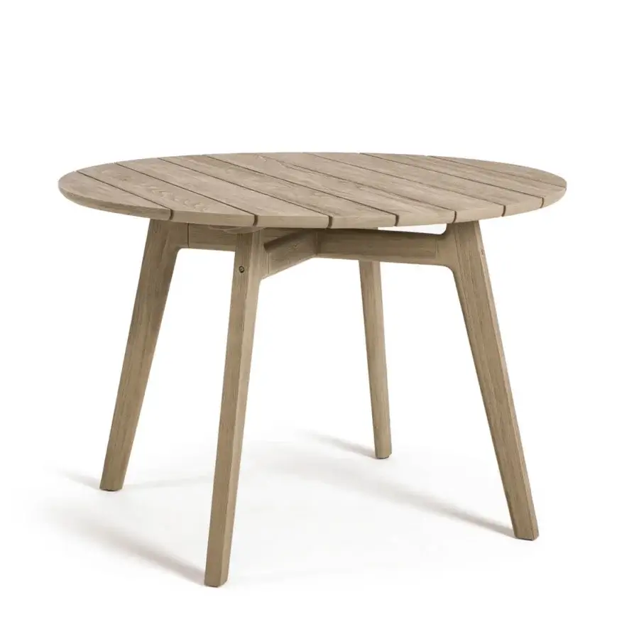 Superior Ethimo Knit table crafted in weathered beige-grey teak with a subtly textured surface for refined outdoor use