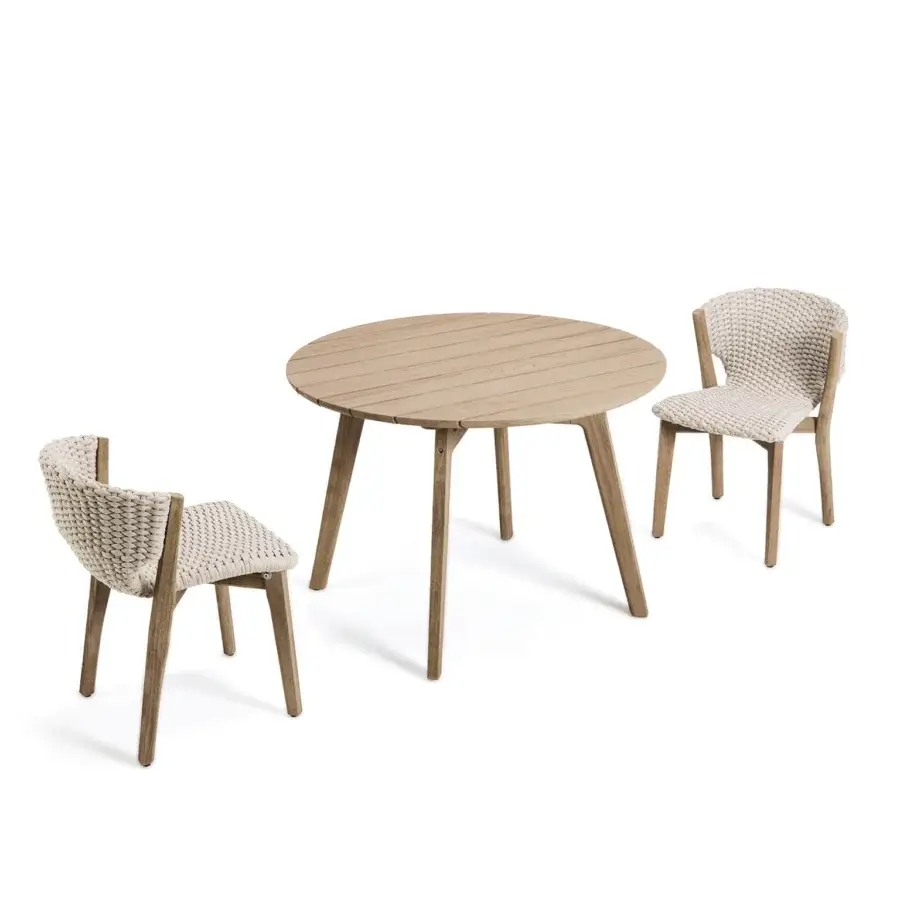 Elegant Ethimo Knit table crafted in light brown FSC-certified teak with a beautiful matte finish
