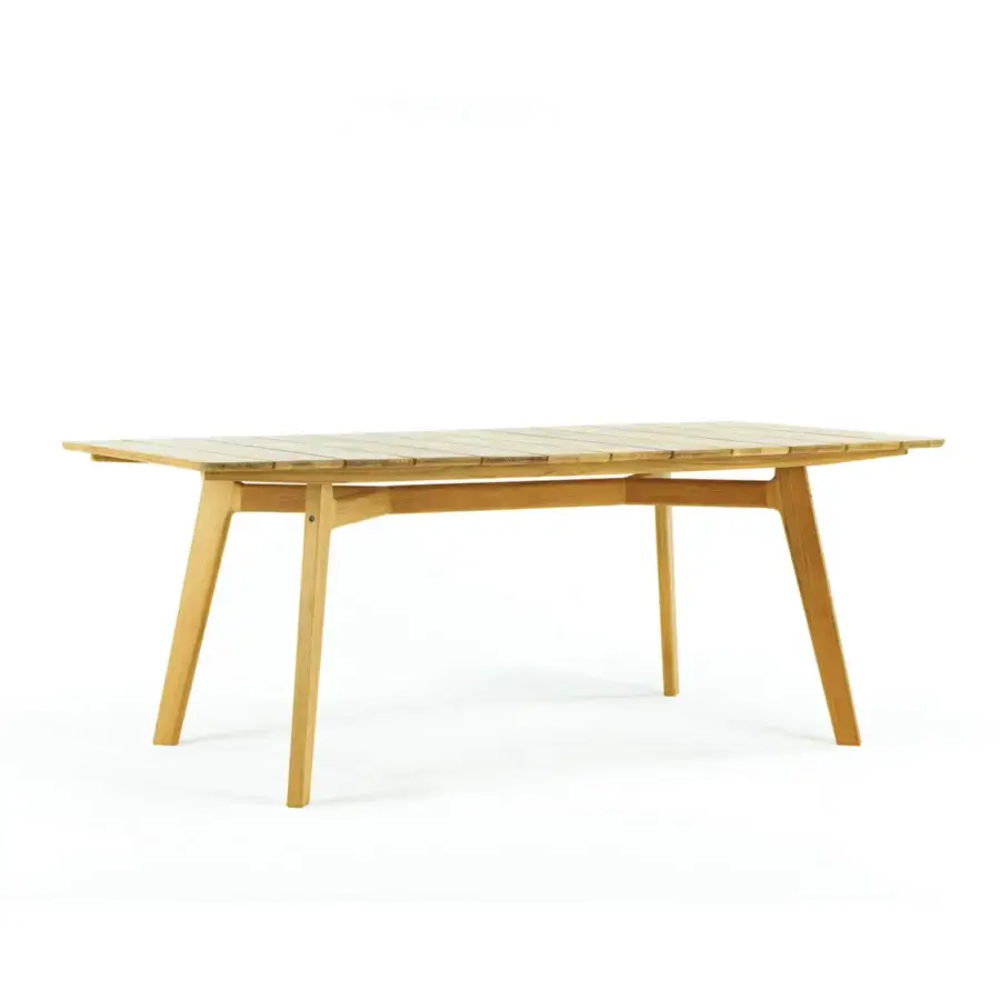 Superior Ethimo Knit table crafted in light golden-brown FSC-certified teak with a smooth satin finish