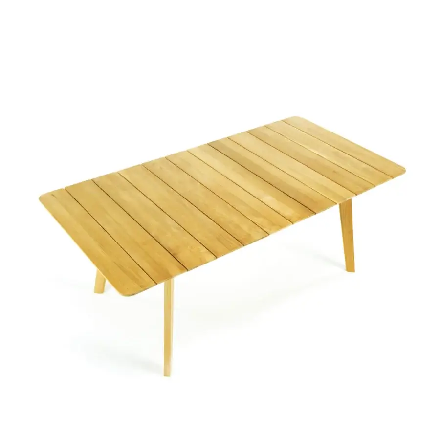 Distinctive Ethimo Knit table crafted in honey-toned FSC-certified teak with a slatted tabletop for durable outdoor leisure settings