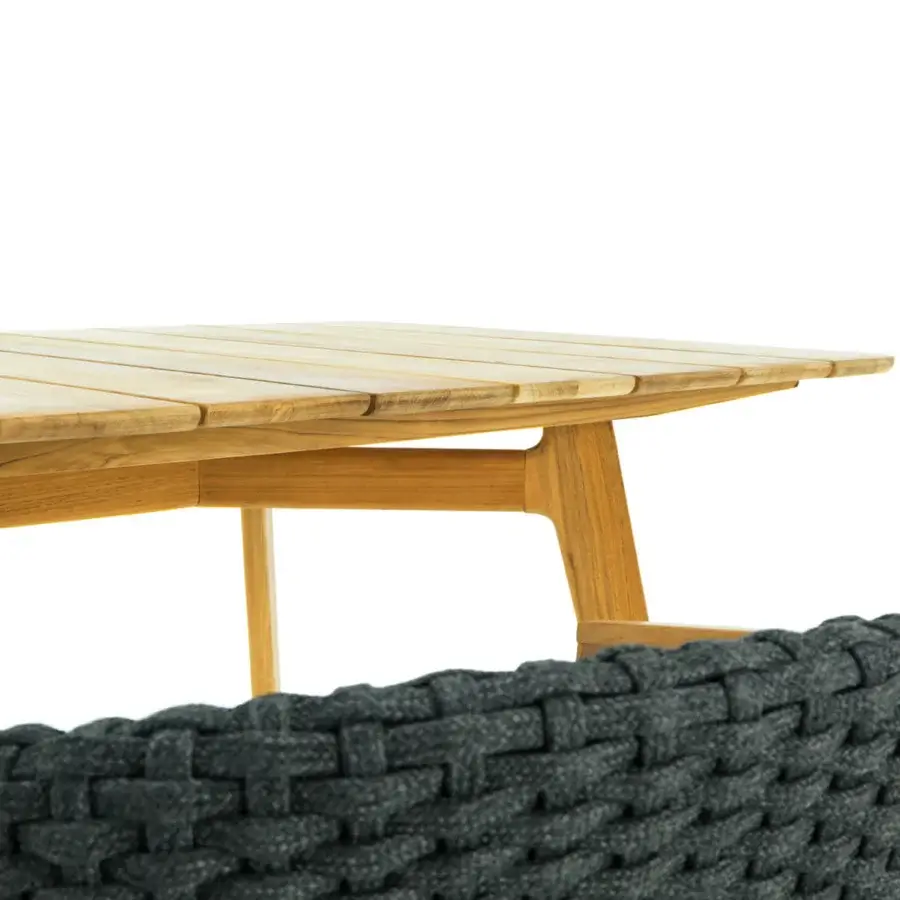 Elegant Ethimo Knit table crafted in light-brown FSC-certified teak with a smooth satin finish