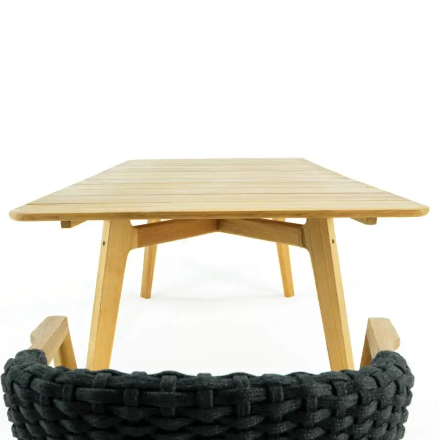 Distinguished Ethimo Knit table crafted in light-brown teak with a slatted tabletop and satin finish for outdoor settings