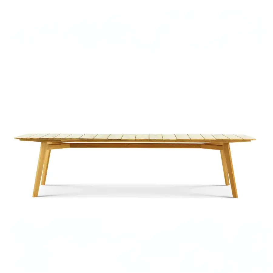 Superior Ethimo Knit table crafted in light brown FSC-certified teak with a subtly tapered slatted tabletop