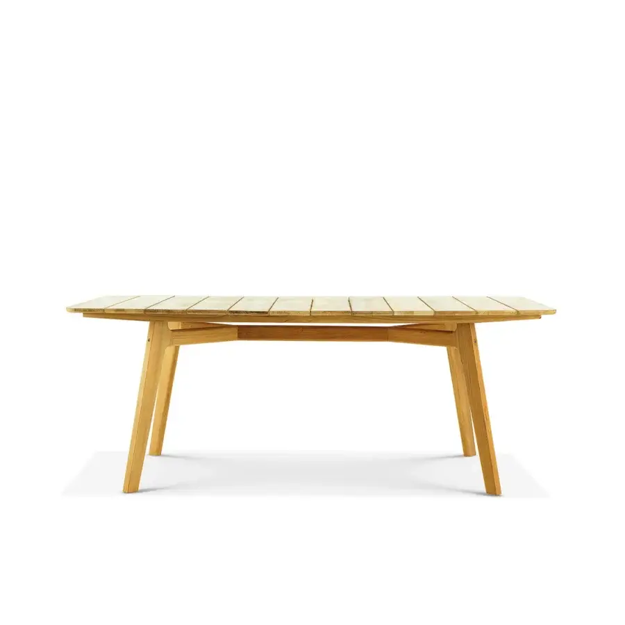 Elegant Ethimo Knit table crafted in light-brown FSC-certified teak with a subtly textured matte finish and slatted tabletop