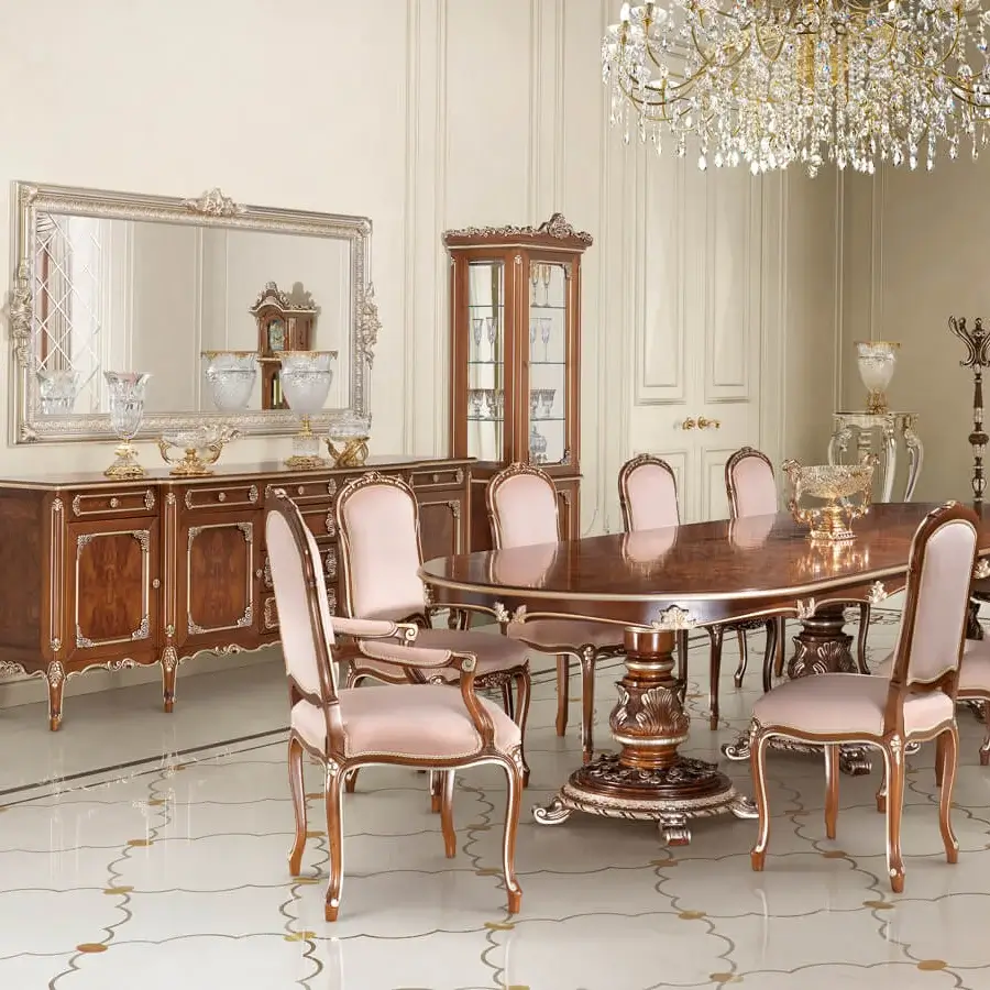 Exclusive Modenese Noble Etiquette table crafted in warm brown solid wood with silver leaf detailing and ornate carvings