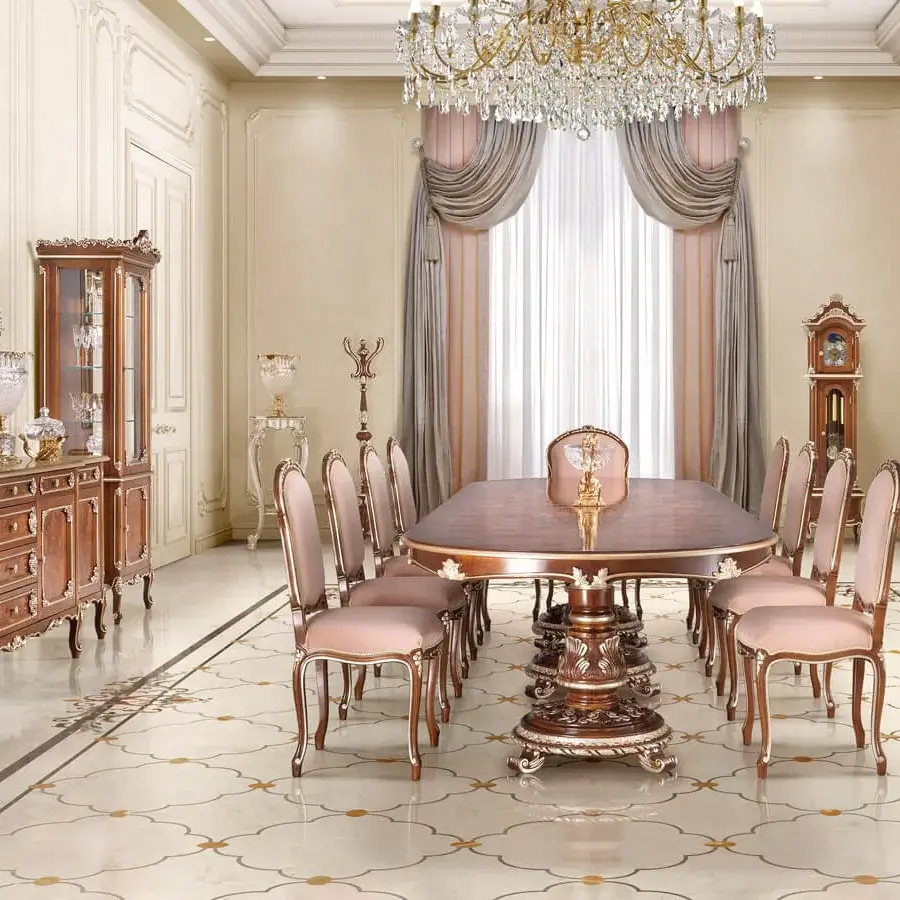 Superior Modenese Noble Etiquette table crafted in reddish-brown solid wood with polished silver leaf detailing and curved lines
