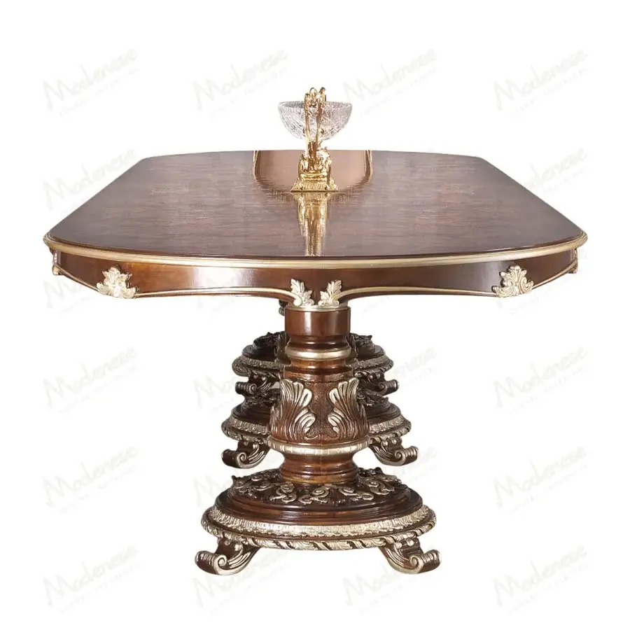 Distinguished Modenese Noble Etiquette table crafted in reddish-brown solid wood with silver leaf detailing and glossy polish