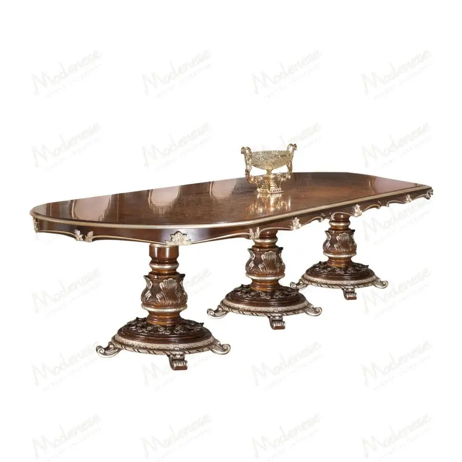 Exclusive Modenese Noble Etiquette table crafted in warm brown solid wood with exquisite silver leaf detailing and polished finish