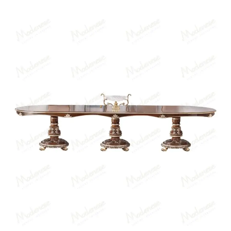 Superior Modenese Noble Etiquette table crafted in reddish-brown solid wood with silver leaf detailing and glossy finish