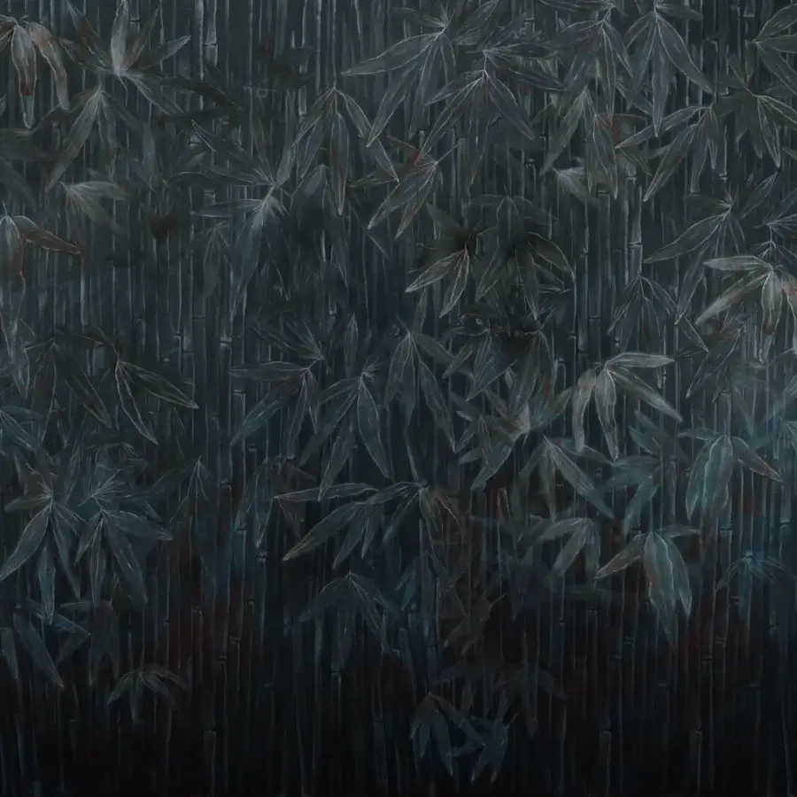 Superior Wall&Decò Standing On wallpaper evokes a tranquil bamboo forest with muted teal and olive green hues in a matte finish
