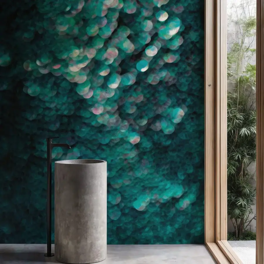 Distinguished Wall&Decò Thalassa wallpaper in dark teal with subtle purple and olive green hues and matte finish