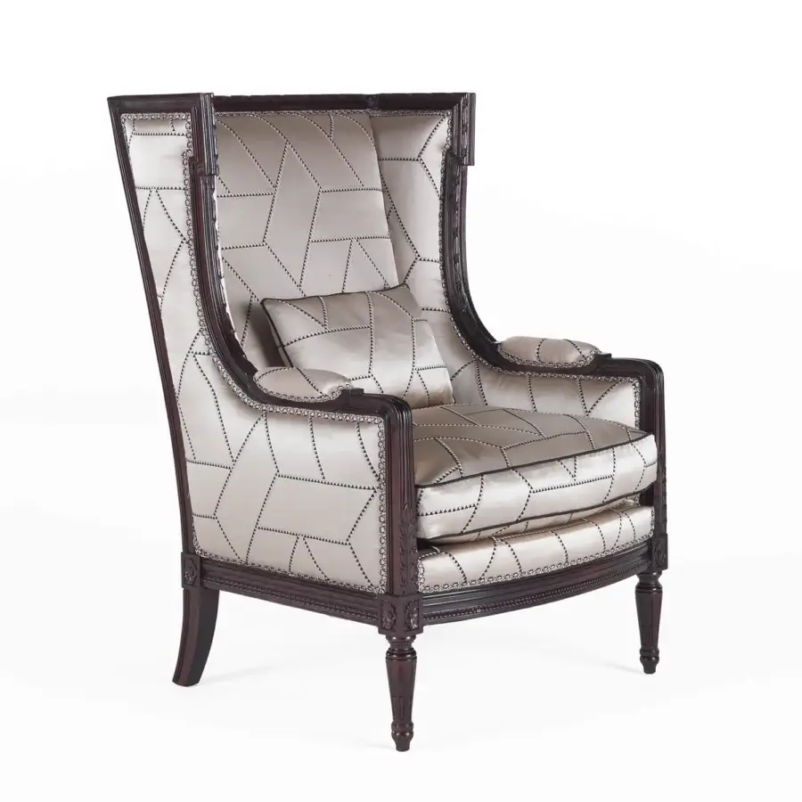 Elegant Zanaboni Dorotea lounge chair with detailed fabric upholstery and dark satin-finish wood frame
