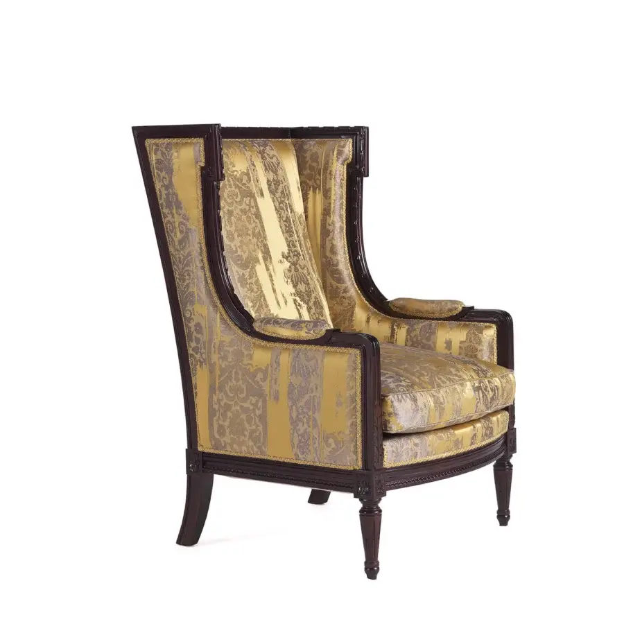 Distinguished Zanaboni Dorotea lounge chair with curved silhouette built in dark glossy wood and richly patterned fabric upholstery