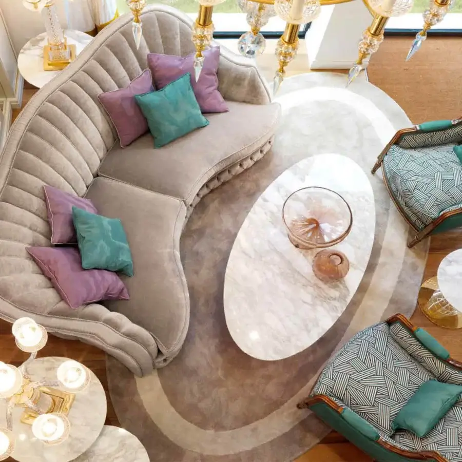 Lavish Zanaboni Dorotea lounge chair with teal fabric upholstery and glossy golden wood base