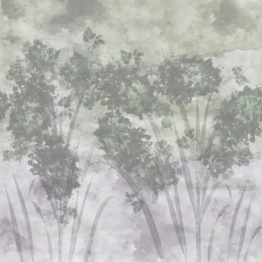 Distinguished Wall&Decò Tree Canopy wallpaper with watercolor brushstrokes and crackled texture in muted greens and grays