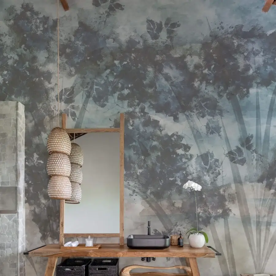 Elegant Wall&Decò Tree Canopy wallpaper with watercolor landscape in muted gray and teal, utilizing a matte finish