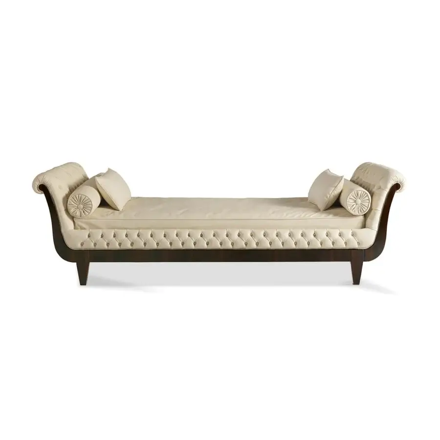Exceptional Zanaboni Frida daybed crafted with solid wood and light beige upholstery exhibiting meticulous capitonné workmanship