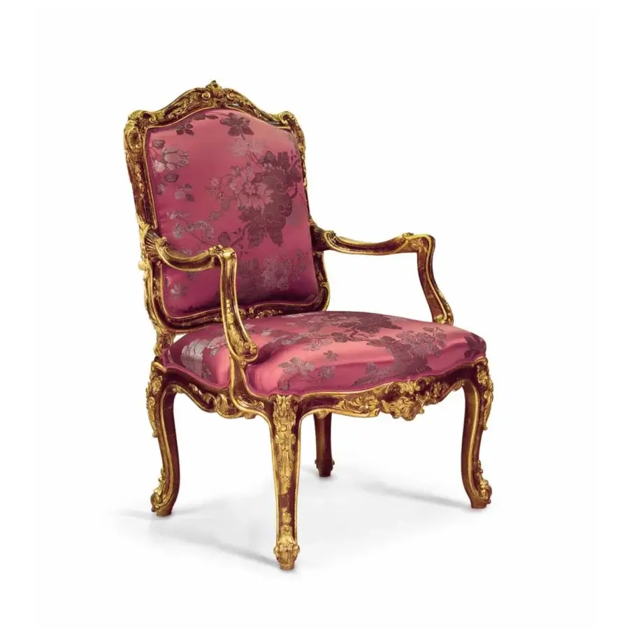 Distinguished Zanaboni Gaia lounge chair with rose and gray floral damask upholstery and gilded detailing with a glossy finish
