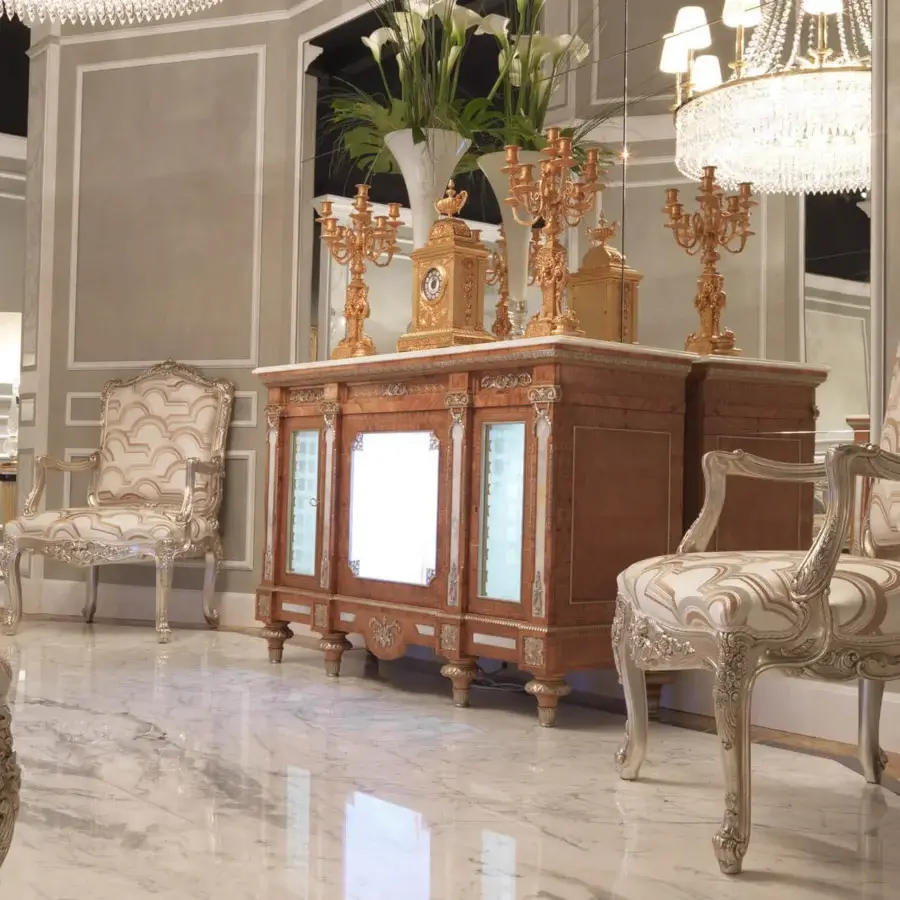 Exquisite Zanaboni Gaia lounge chair with cream and pale gold damask fabric upholstery and glossy solid wood construction